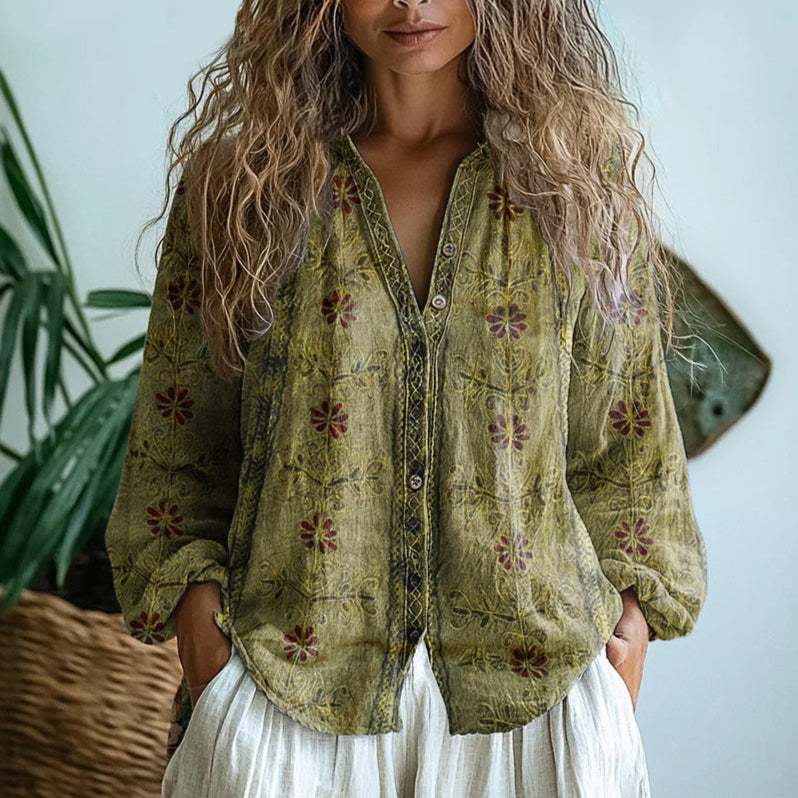 Women’s Relaxed Floral Blouse with Long Sleeves
